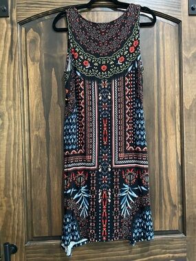 Premise Sleeveless Black Mini Dress with Red & Blue Floral Pattern